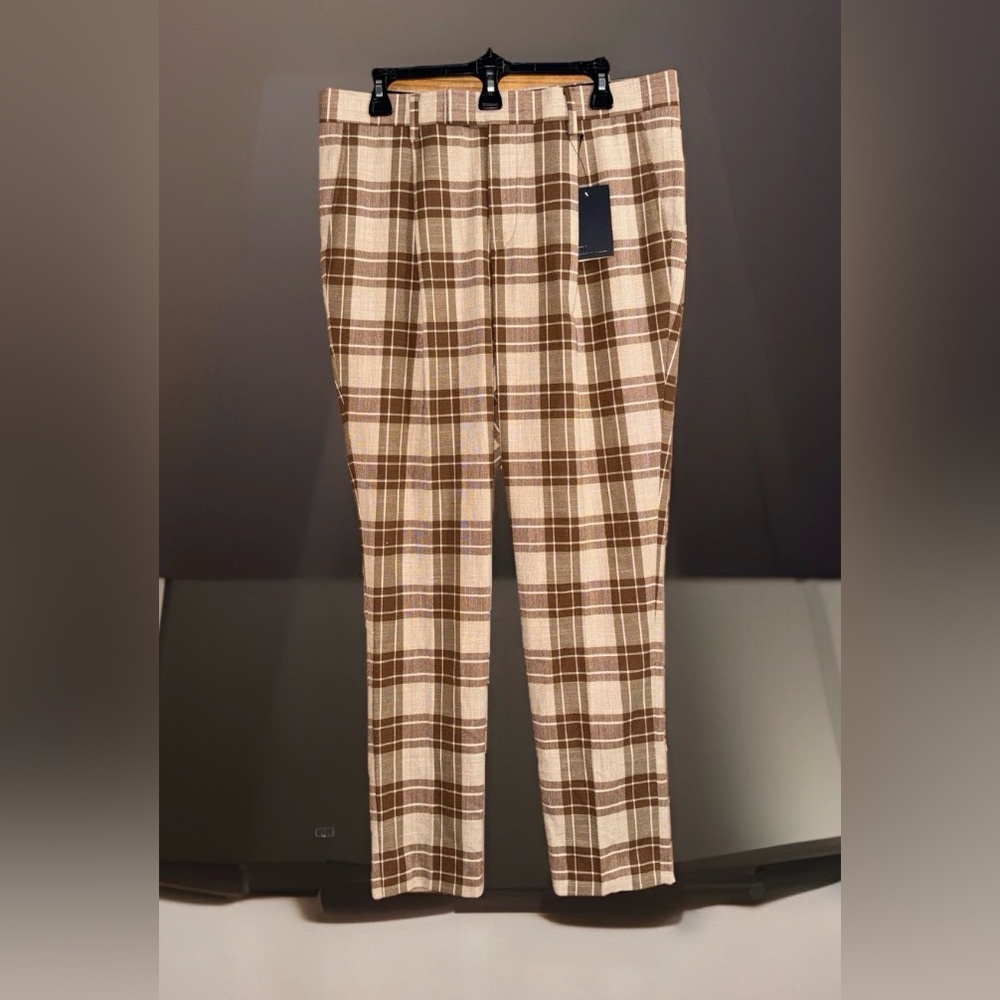 NWT ASOS Men's Tan and Brown Checkered Poly Blend Pants - 34x34